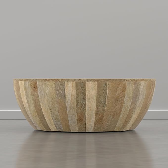 SIMPLIHOME Elmbrook Coffee Table - 34 inch Wide Solid Mango Wood Modern Industrial Round Drum Cocktail Table in Natural Blonde, Sculptural Living Room Table with Low Profile Design, Assembled