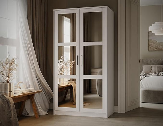 Palace Imports Solid Wood 2-Door Wardrobe Armoire Closet with Mirrored Doors – White Bedroom Storage, 37.75" W x 72" H x 21.75" D, 100% Eco-Friendly Pine, Made in Brazil