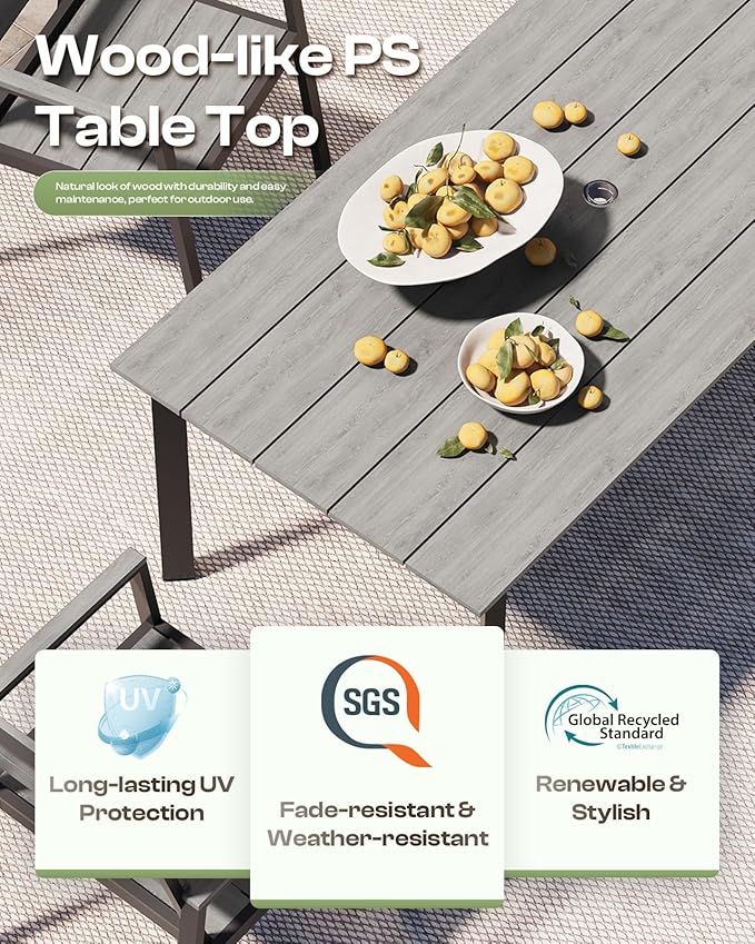67"*32.3"*29.5" Patio Dining Table, Seamless Rectangle Aluminum + HDPS Outdoor Patio Dining Table with Umbrella Hole, Weather-Resistant for Lawn, Garden, Yard and Indoor Use (Gray) - Image 3