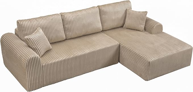 109-Inch L-Shaped Right Facing Boneless Corner Sofa 2 PCS Modular Sectional Cloud Sofa Couch with Chaise Lounge and Toss Pillow, Corduroy Boneless L-Shaped Couches