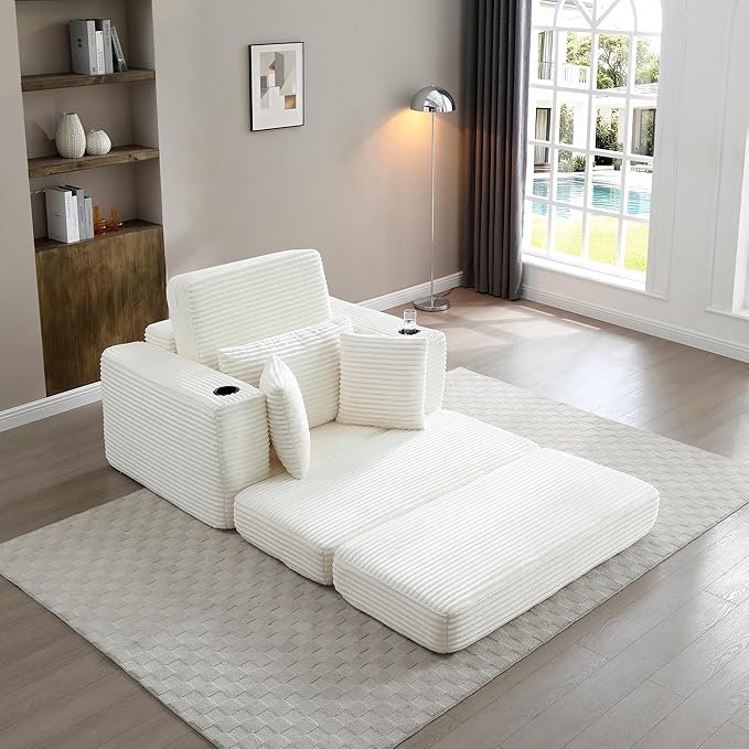 Eafurn 52.4" Oversized Chaise Lounge Indoor with Foldable Ottoman Convertible Boneless Sleeper Sofa Bed, Deep Seat Lounge Chair with Cup Holder & Side Pocket, No Assembly for Living Room | Breathable material, Cupholders
