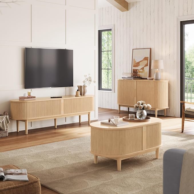 LINSY HOME Fluted TV Stand for 75" TV, Mid-Century Modern 70" Entertainment Center with Sliding Tambour Door and Storage Cabinet, Cruved TV Media Console Table for Living Room, Bedroom, Oak - Image 7