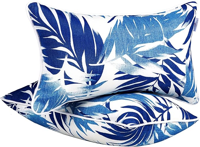 JMGBird Outdoor Pillows Set of 2 with Inserts - 12x20 Waterproof Throw Pillows for Patio Furniture, White Blue Palm Leaf Decorative Cushions