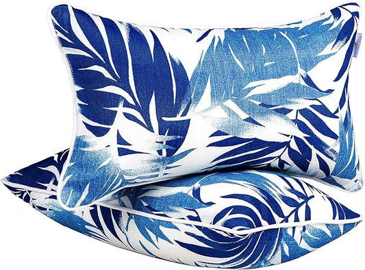 JMGBird Outdoor Pillows Set of 2 with Inserts - 12x20 Waterproof Throw Pillows for Patio Furniture, White Blue Palm Leaf Decorative Cushions