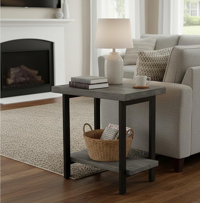 Alaterre Furniture Pomona Living Room Tables – 2-Tier Solid Wood End Table with Metal Legs – Modern Industrial Side Table or Nightstand (Slate Grey)