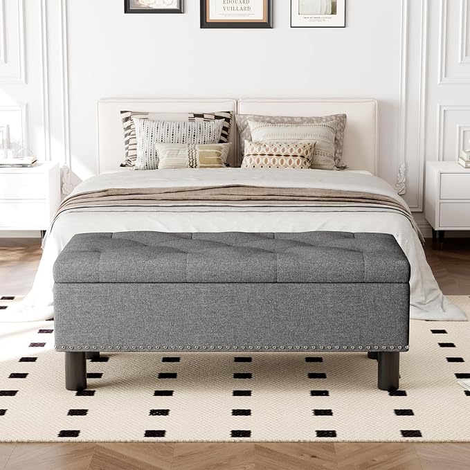 Furniliving Ottoman Bench with Storage, Folding Storage Ottoman Bench with Wood Legs, Upholstered Bedroom Bench with Button-Tufted, Entryway Bench Storage Bench for Bedroom, Linen (Darkgrey) - Image 11