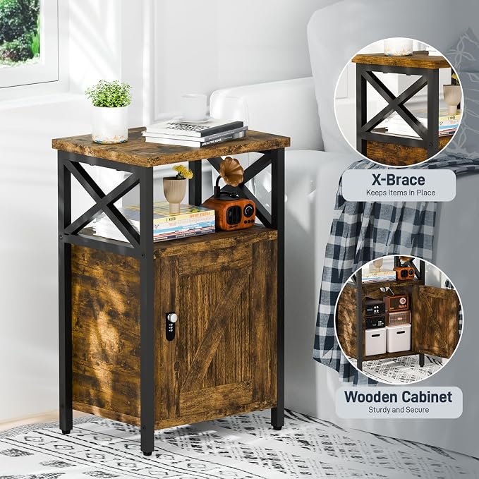 runjuly Night Stand with Locking Drawer, Bedside Table with Drawers, Wooden Bed Side Table with Storage Cabinet, Nightstand with Door, End Night Table for Bedroom, Dorm, Office, Rustic Brown - Image 6