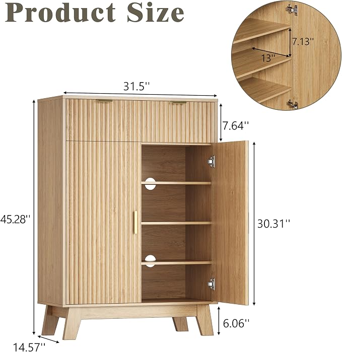 Shoe Cabinet Storage for Entryway with Doors, 4 Tier Fluted Shoe Organizer with 2 Drawers, Entryway Shoe Storage with Adjustable Shelves, Freestanding Hidden Shoe Rack for Front Door Entrance, Oak - Image 2