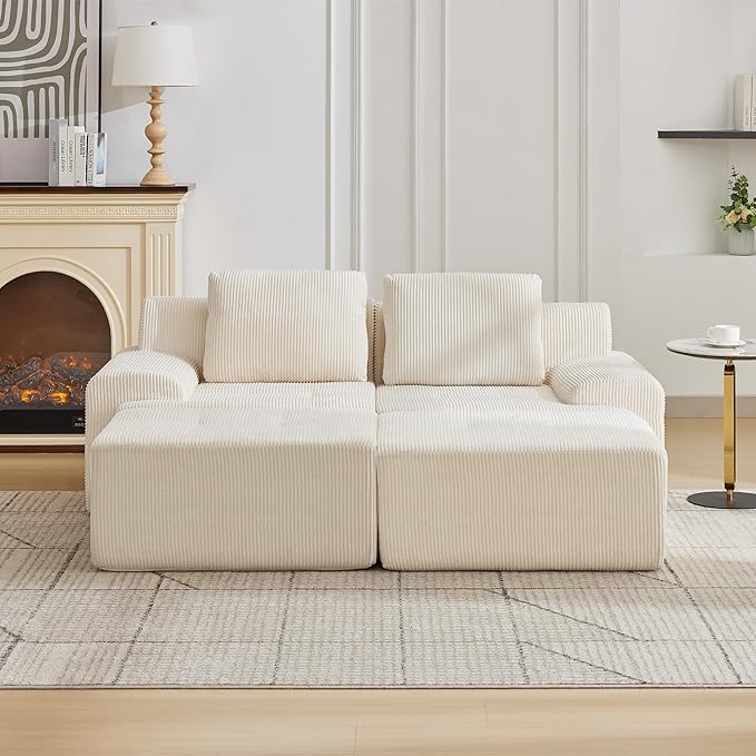 Modular Sectional Sofa with Movable Ottoman, 2 Seat Deep Seat Couch with 2 Pillows, Comfy Cloud Sectional Sofa for Living Room, Bedroom and Apartment (White, 1 Left+1 Right+2 Ottoman)