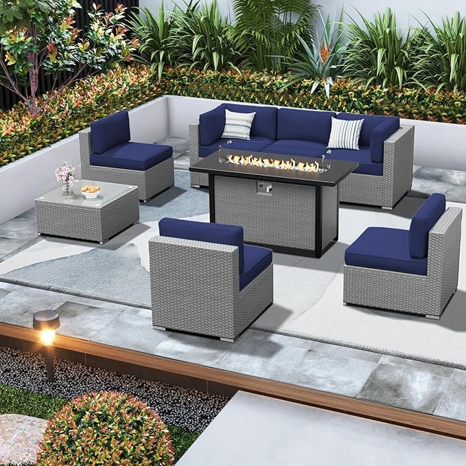SUNCROWN Outdoor Patio Furniture Set 7 Piece Outdoor Sectional Sofa Grey Wicker Conversation Sofa Set with Coffee Table, Cushions and Fire Pit Table (Dark Blue)