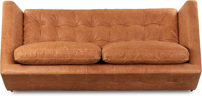 Poly & BARK Calle 90" Sofa Full-Grain Pure-Aniline Italian Leather in Cognac Tan, Solid Wood Legs