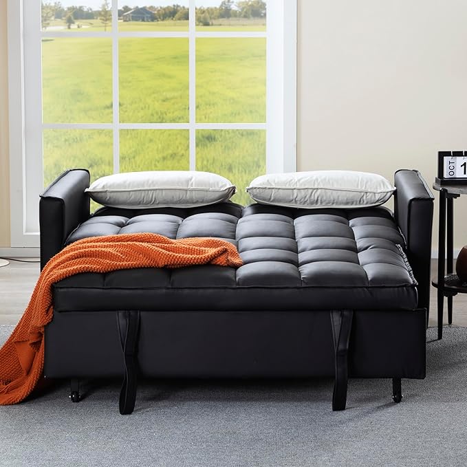3 in 1 Convertible Sofa Bed, Love Seat Sleeper Bed with Side Pockets, PU Fabric Pull Out Couch with Adjustable Backrest for Living Room, Bedroom, Apartment, Black