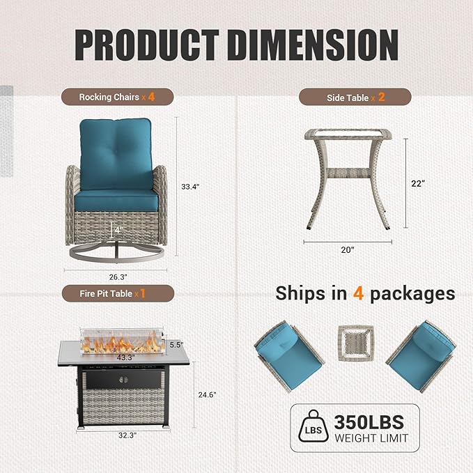 7Pcs Patio Rocking Swivel Chair with 55,000 BTU Fire Pit Table Outdoor Wicker Rattan Bistro Set with Tempered Glass Side Table, Outdoor Patio Furniture Set for Garden and Balcony, Turquoise