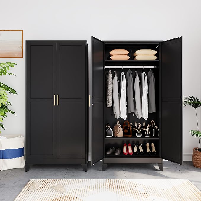 Metal Armoire Wardrobe Closet Storage Cabinet with Hanging Rod,71'' Metal Wardrobe Cabinet with 2 Doors and 2 Adjustable Shelves for Bedroom, Laundry Room, Cloak Room