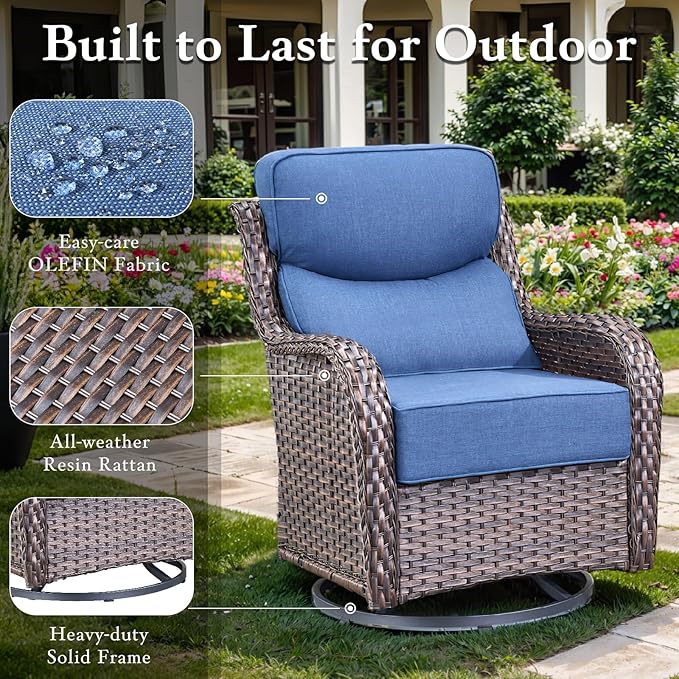 Luxury High Back Outdoor Furniture with 6-inch Extra Thick Cushions, Patio Furniture Set with Swivel Chairs, 7 PCS Wicker Conversation Set for Yard, Deck, Poolside, Brown/Blue