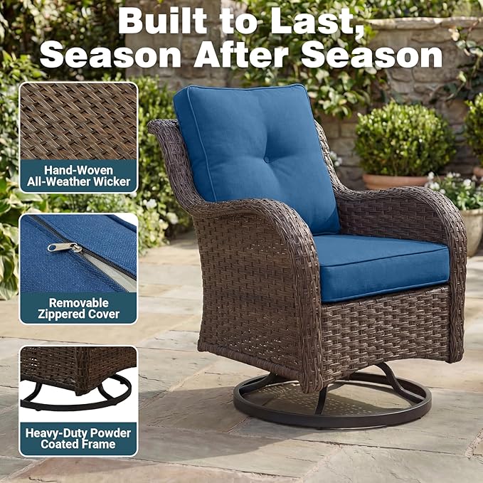 Patio Furniture Set, 5PCS Outdoor Wicker Conversation Set with 6" Thick Cushions, High Back Swivel Rocker Chairs, Weather Resistant Olefin Fabric for Garden, Poolside, Navy Blue