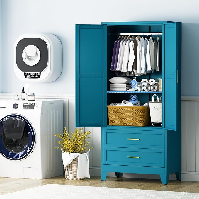 Metal Armoire Wardrobe Closet with Drawers, 71" Wardrobe Cabinet with Adjustable Shelves and Hanging Rod for Bedroom, Blue Metal Closet Storage Cabinet with 2 Doors & 2 Drawers