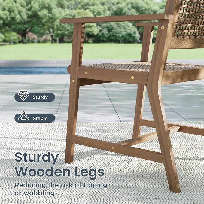 PHI VILLA Outdoor Acacia Wood Chairs Set of 2, Patio Dining Armchairs with Wicker Back & Seat, Farmhouse Style Teak Seating Furniture for Deck Yard Balcony Garden - Light Brown - Image 4
