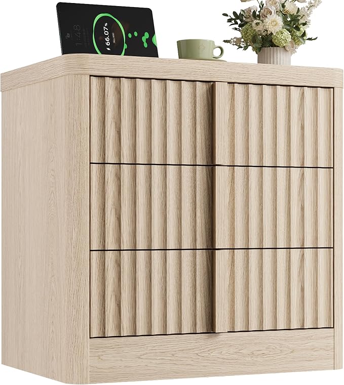 YANSNWO 23.6" Nightstand with Charging Station, Bedside Table with 3 Storage Drawers, Mid Century Modern Night Stand with Solid Wood Handle, End Table for Bedroom, Living Room, Natural Oak by YANSNWO