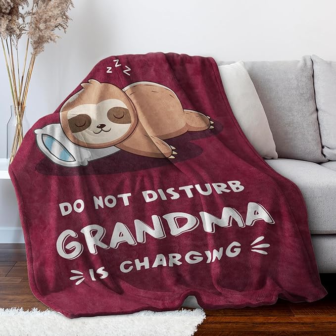 Funny Gifts for Grandma, Grandma is Charging Sloth Blanket, Birthday Gifts for Grandmas from Grandkids,Grandmas Gitts for Mothers Day Christmas, Soft Sloth Blanket for Grandmother, Burgundy, 60" x 80"