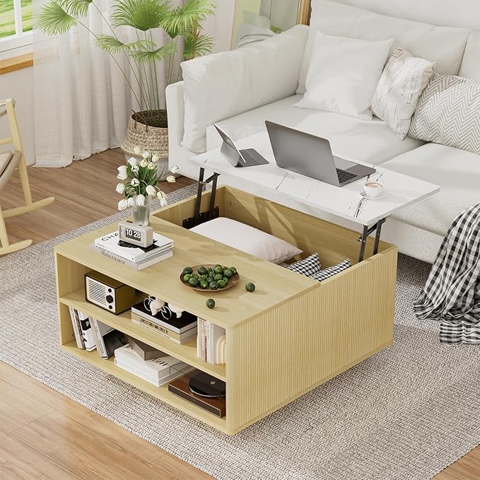 Lift Top Coffee Table with Storage, Fluted Natural Wood Square Center Table with Open Storage, Living Room Central Table w/Large Hidden Space, for Living Room, Bedroom, Home Office