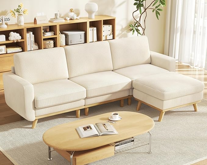 97" Beige Corduroy Modular Sectional Sofa, L-Shaped Couch with Movable Ottoman & Spring Cushion, Deep Seat Modular Sofa for Living Room Bedroom Apartment