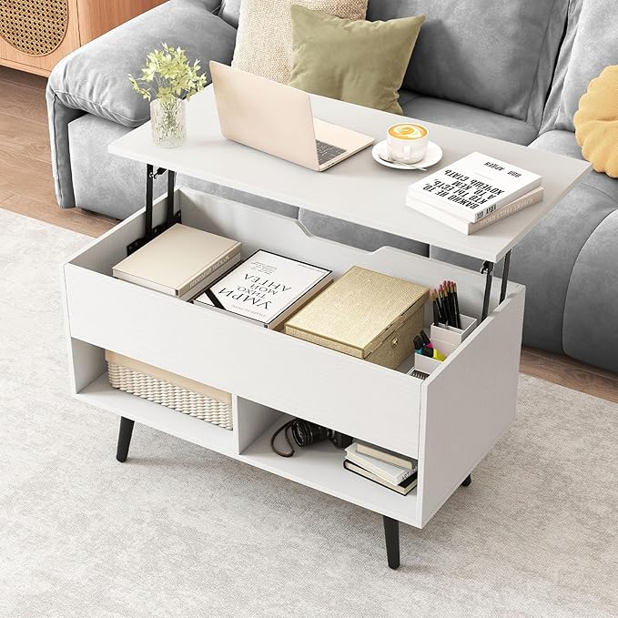 Giantex Lift Top Coffee Table, Modern Cocktail Table w/Hidden Compartment & 2 Open Shelves, Flip Top Center Table, Wooden Pull up Coffee Table for Living Room, Reception Room, Office (White)