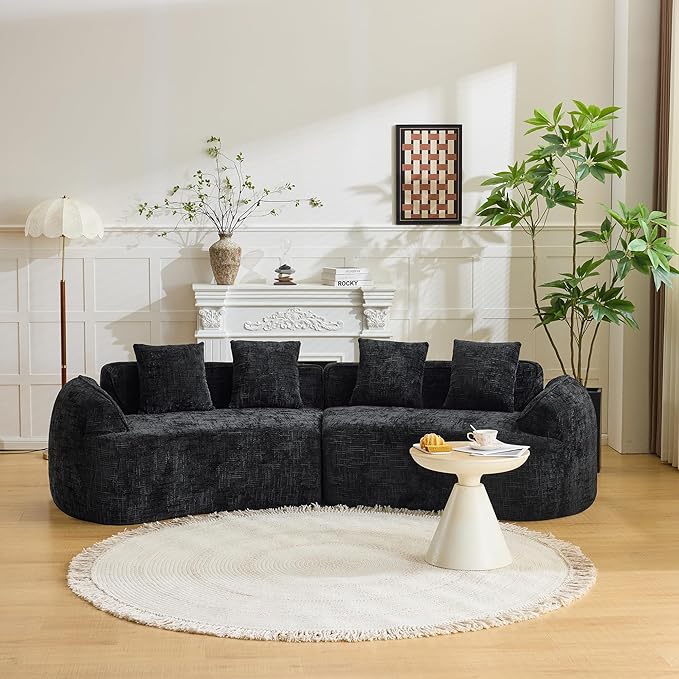 109-Inch Curved Boneless Sofa Couches Compressed 4-Seat Foam Couch for Living Room Bedroom, Boneless Modular Cloud Sofa Curved Floor Couch with 4 Pillows, No Assembly