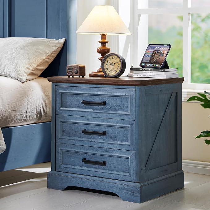 ACCOHOHO Farmhouse Nightstand with Charging Station, 22 Inch Wide End Table with 3 Large Drawers & Bar Handles, Rustic Wood Small Dresser Chest of Drawers for Bedroom, Living Room, Closet, Blue by ACCOHOHO