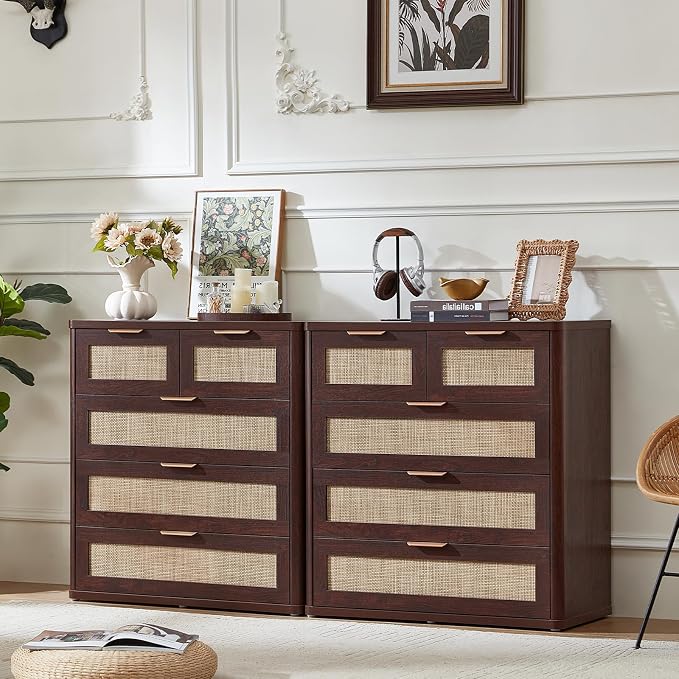 LEYAOYAO Rattan Dresser for Bedroom, 33.5" Tall Chest of Drawers, Modern 5 Drawers Boho Dressers with Storage, Vintage Brown Dresser Wooden Closet Organizer for Living Room, Hallway by LEYAOYAO-Findtheshiningpointofyourideallife%EF%BC%81