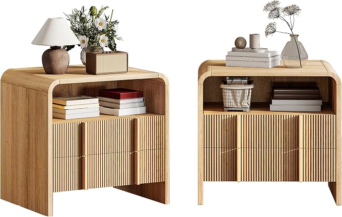 AMERLIFE Fluted Night Stand Set 2 with Storage Drawers, Modern Small Nightstand & Bedside Table with Open Shelf, Curved Profile Design & Pine Handles, Wood End Table for Bedroom, Oak - Image 9