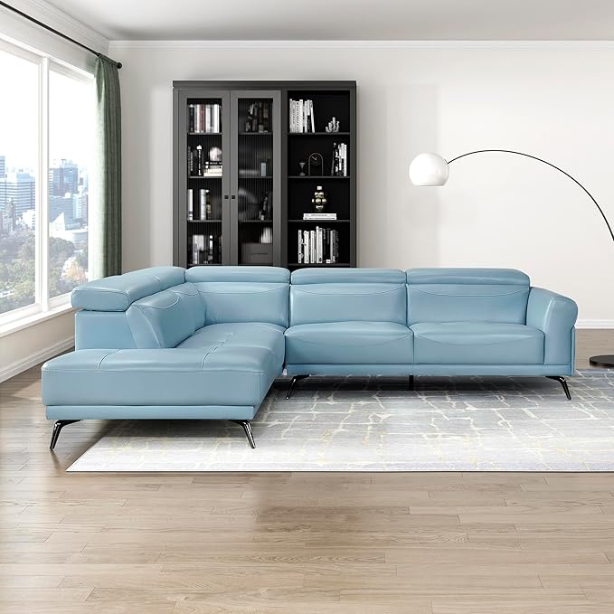 Lexicon L-Shaped Sectional Couch with Left Chaise, Top Grain Leather Match Sectional Sofa, Adjustable Headrests, Black Chrome Metal Legs, High-Density Cushions, Stitching, for Living Room, Blue