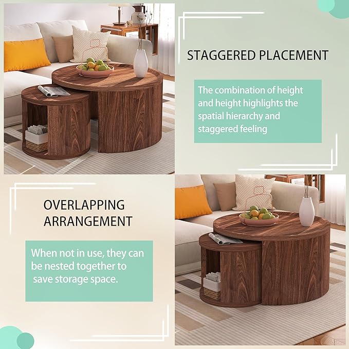 Round Nesting Coffee Table Set of 2, Mid Century Modern Circle Coffee Table, 31.5"&18" Wooden Circle Accent Tables with Wood Top, Minimalist Center Table, Space-Saving Side Table Set for Living Room