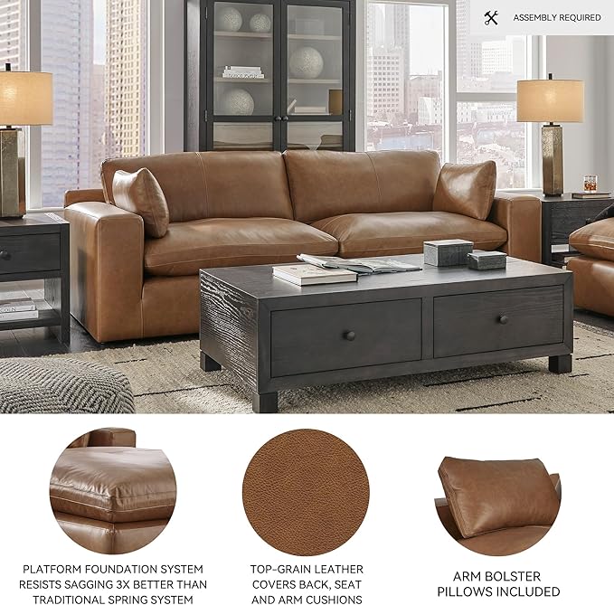 Signature Design by Ashley Emilia Modern Leather Match 2-Piece Sectional Loveseat with Loose Back Cushions and 2 Bolster Pillows, Light Brown