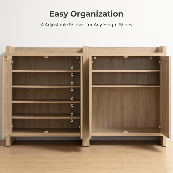 SICOTAS Shoe Cabinet, 24 Pair Shoe Storage Organizer Cabinet, 41" Tall Rattan Shoe Cabinet with Doors and Shelves, 6-Tier Farmhouse Boho Wooden Storage Cabinet for Entryway Hallway Closet, Light Oak - Image 5
