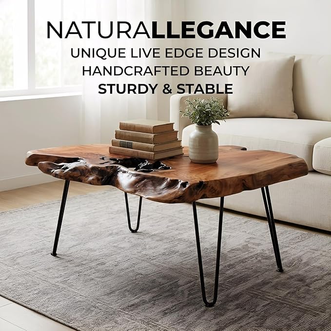 Natural Wood Coffee Table, Live Edge Coffee Table for Living Room, Unique Desktop