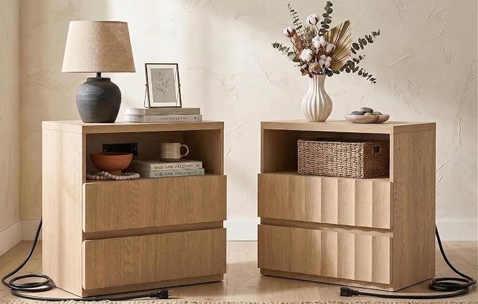 VividVibe Wide Fluted Nightstand Set of 2 with Charging Station, Side Table with Discreet Rear Cord Cutouts, 2 Drawers Wooden Modern Organic End Table Bedside Table for Bedroom Home Office Light Oak by Unknown