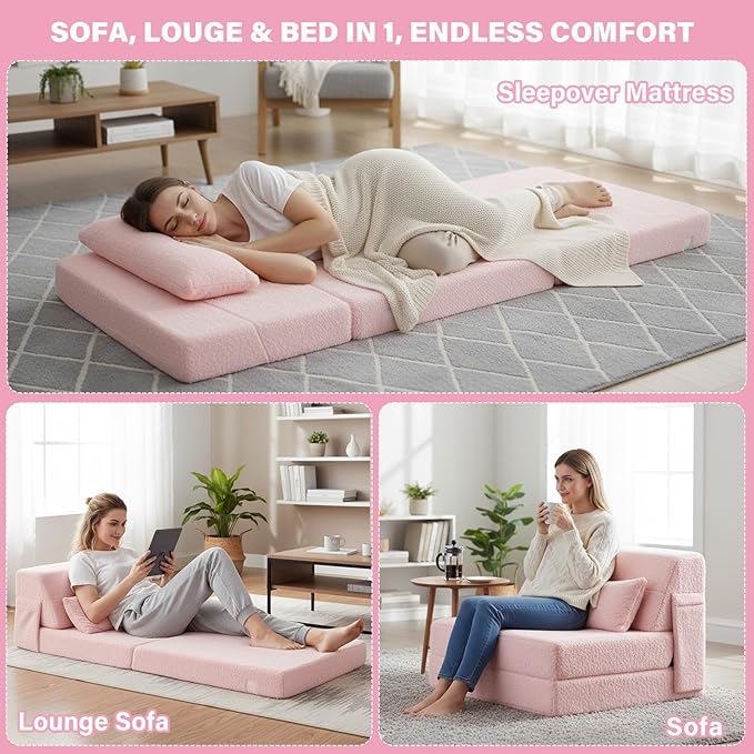 Tiita Convertible Folding Sofa Bed Single Size for Adults with Pillow, Plush Fabric Floor Mattress Couch Bed, Washable Cover & Side Pocket, Guest Room, Dorm, Apartment, Living Room, Pink