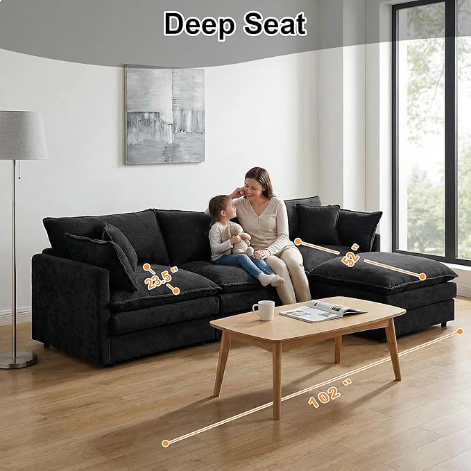 102" Cloud Couch Sectional, Modular Sectional Sofa with Chaise & 4 Removable Washable Pillows, Oversized L-Shaped Couch for Living Room, Modern 3-Seat Cloud Sofa Sectional with Deep Seat, Black