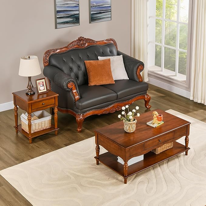 Rectangular Coffee Table with 2 Storage Drawers, Mid-century Solid Wood Living Room Table with Carved Leg, Elegant Vintage Center Table, No-Tools Assembly, 43.3”L x 23.6”W x 18”H Caramel Brown KFZC008