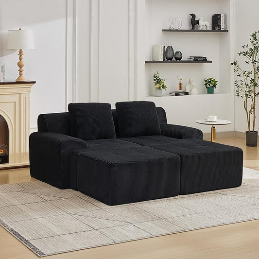 Modular Sectional Sofa with Movable Ottoman, 2 Seat Deep Seat Couch with 2 Pillows, Comfy Cloud Sectional Sofa for Living Room, Bedroom and Apartment (Black, 1 Left+1 Right+2 Ottoman)
