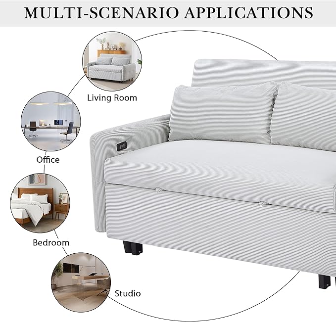 Merax Pull-Out Sofa Bed with Adjustable Backrest and Two Throw Pillows, 2 Seat Loveseat Lounge & Type C and USB Ports, 3 in 1 Convertible Sleeper Couch for Living Room, Light Blue
