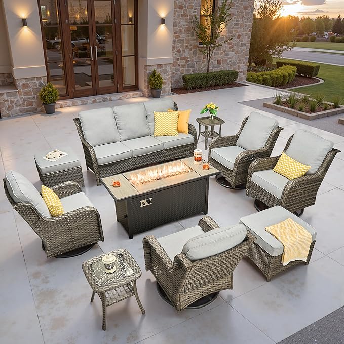ovios 10-Piece Patio Furniture Set with Swivel Chairs Coffee Table, Outdoor Wicker Sofa with 54" Fire Pit Table, High Back Couch Modern Conversation Sets, Grey/Grey