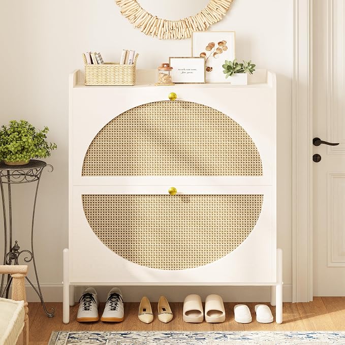 IRONCK Shoe Cabinet Storage with 2 Flip Drawers, Free Standing Wooden Shoe Storage Organizer Cabinet with Rattan Doors for Entryway, Narrow Shoe Rack Cabinet, White - Image 4