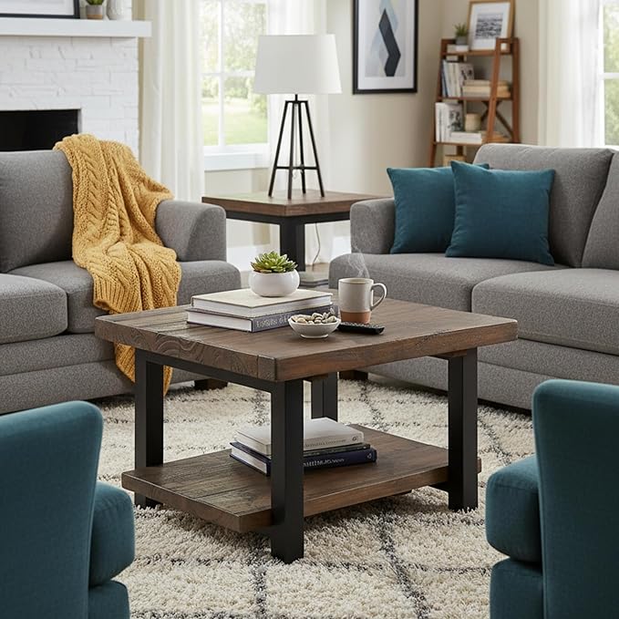 Alaterre Furniture Pomona Living Room Tables – 27 Inch Square Solid Wood Coffee Table with Metal Legs – Modern Farmhouse Rustic Small Space Table (Rustic Brown)