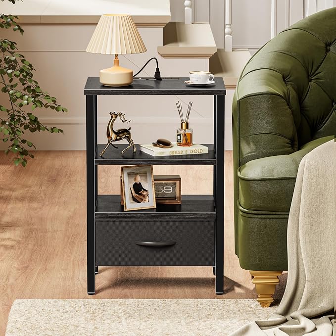 SUPERJARE Nightstand with Charging Station, Bed Side Table with Adjustable Fabric Drawer, Night Stand for Bedroom, 3-Tier Storage End Table, for Living Room, Black - Image 7