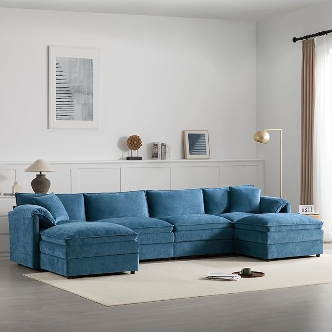 Merax 136" U-Shaped Chenille Modular Sectional Sofa, Oversized Cloud Couch Set with Double Cushions, 6-Seat with Movable Ottomans, Deep & Wide Seating, Blue