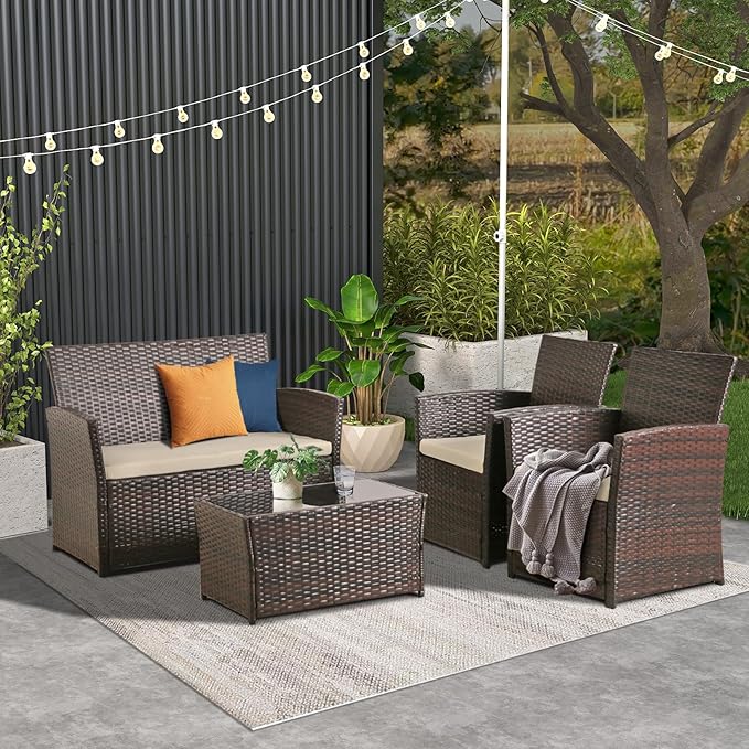 Patio Outdoor Furniture 4 Pieces Sectional Sofa Set Balcony Furniture Wicker Rattan Chairs with Table and Loveseat for Garden, Porch, Backyard, Brown Wicker/Beige Cushion