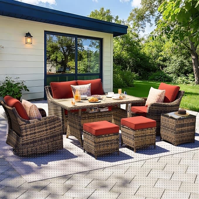 MEISSALIVVE 7 Pieces Outdoor Patio Furniture Set with Swivel Chairs, Wicker Patio Conversation Set, Patio Sectional Furniture Set with with Loveseat, 2 Ottomans and Dining Table (Red)