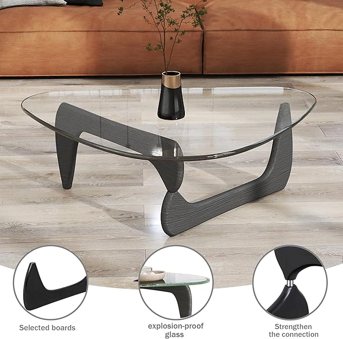Black Coffee Table for Living Room, Mid Century Small Coffee Tables, Rustic Clear Center Table with Tempered Glass & Solid Wood Base, Triangle Coffee Table for Small Spaces